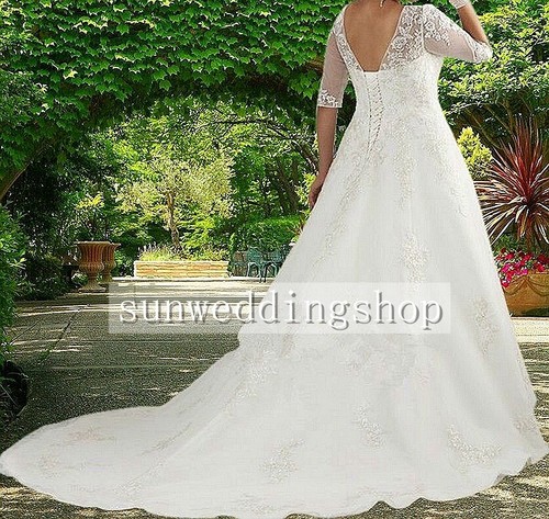 New Custom Plus Size A-Line Lace Applique Half Sleeve Wedding Bridal Dress Gown - Picture 3 of 5