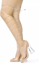 Ladies 7 Clear Chunky Block Platform Heels Transparent Lace Up Leg Open Toe NIB