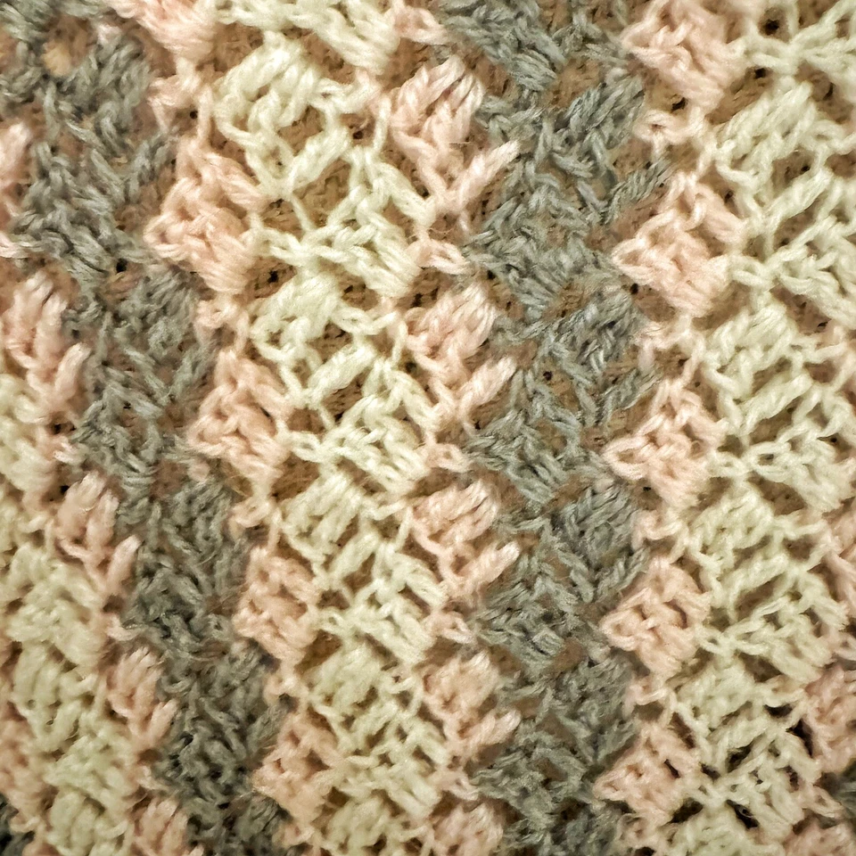 Handmade CROCHETED Baby Blanket Pink White Gray Striped Fringed Afghan Throw 49” - Image 3 of 4