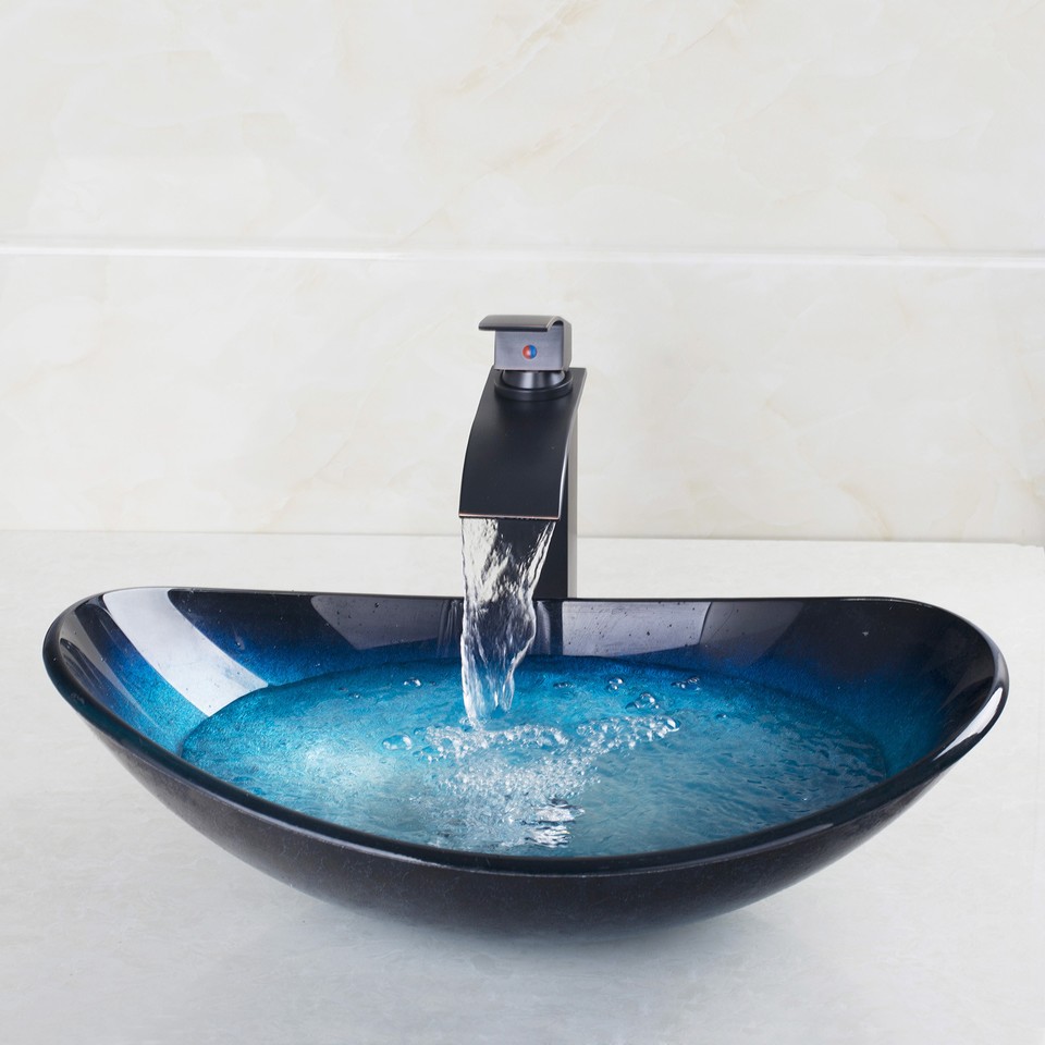 FA Bathroom Blue Tempered Glass Vessel Sink Waterfall Faucet