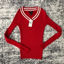 NWT Hooked Up by I.O.T. Women's M Red Varsity Ribbed V-Neck Sweater Long Sleeve 