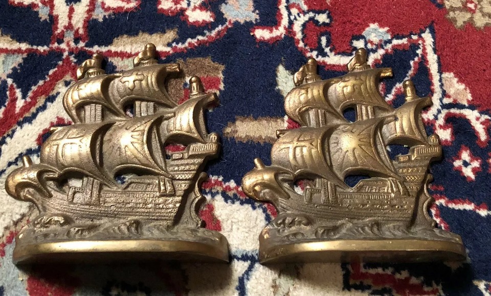 Ship Bookends Spanish Galleons Circa 1929 Vintage Brass Bookend Antique