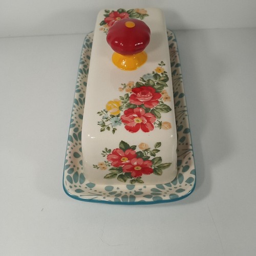 The Pioneer Woman Butter Dish Vintage Floral Stoneware Teal, Red, Ivory - Picture 7 of 7