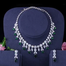 Green CZ Stone Dangle Drop Necklace Earrings Jewelry Set for Fiancee Engagement