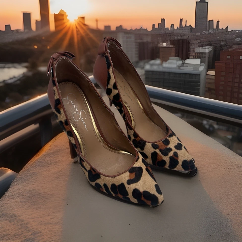 Jessica Simpson Cabello de becerro estampado marrón y leopardo, tacones, punta puntiaguda 7B EE. UU./37 UE Foto 3 de 4