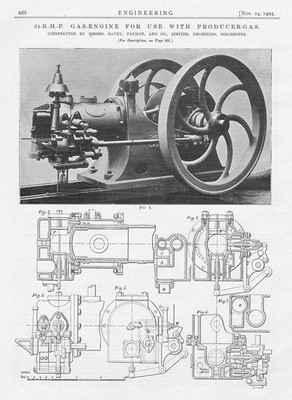 24 PS Gasmotor zur Verwendung mit Erzeugergas - 3x antike Technikdrucke 1905