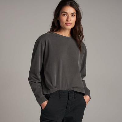 Rowan Relaxed Washed Long-Sleeve Crewneck Top - Dark Gray Size S 100% Cotton