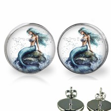 Blue Haired Fantasy Mermaid Girls Stud Earrings Fashion Jewelry  Gifts