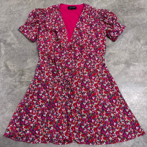 Saloni Colette V-neck Wrap Silk Midi Mini Dress Size 6 Short Sleeve Red Floral