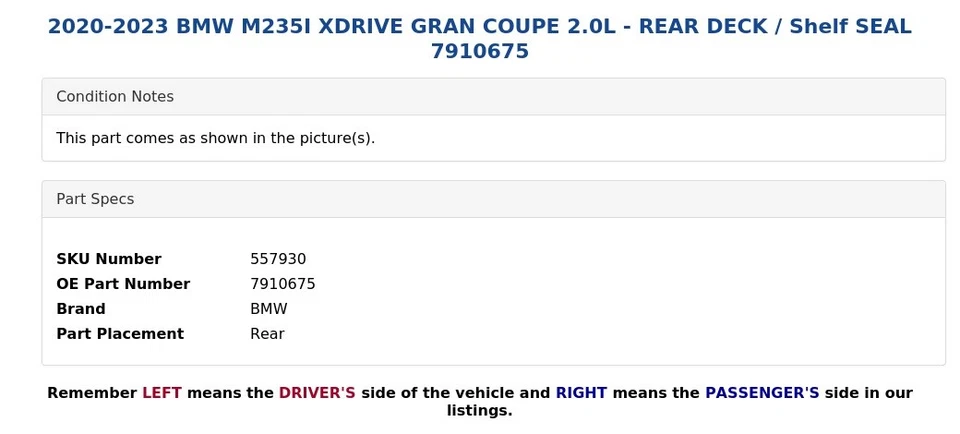 BMW M235I XDRIVE 2020-2023 gran cupé 2,0 L - cubierta trasera / sello de estante 7910675 Foto 4 de 4