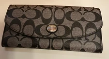 Coach Peyton Black & Gray Signature Envelope Wallet Coated Canvas W/Pouch
