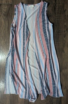Knit Works Women's Light Knit Waterfall Duster Pink & Blue Stripes Side Slits XL