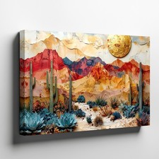 Wall Art Canvas a Desert Landscape with Tall Cactus Plants Scattered Across