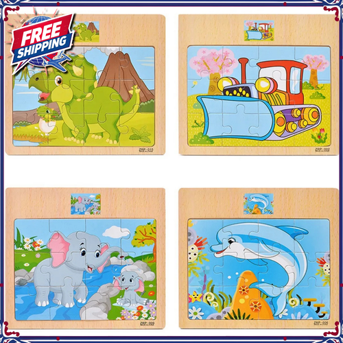 Wooden Puzzles Kids Wood Cartoon Vehicle Animals Learning Baby Education Board - Foto 5 di 22