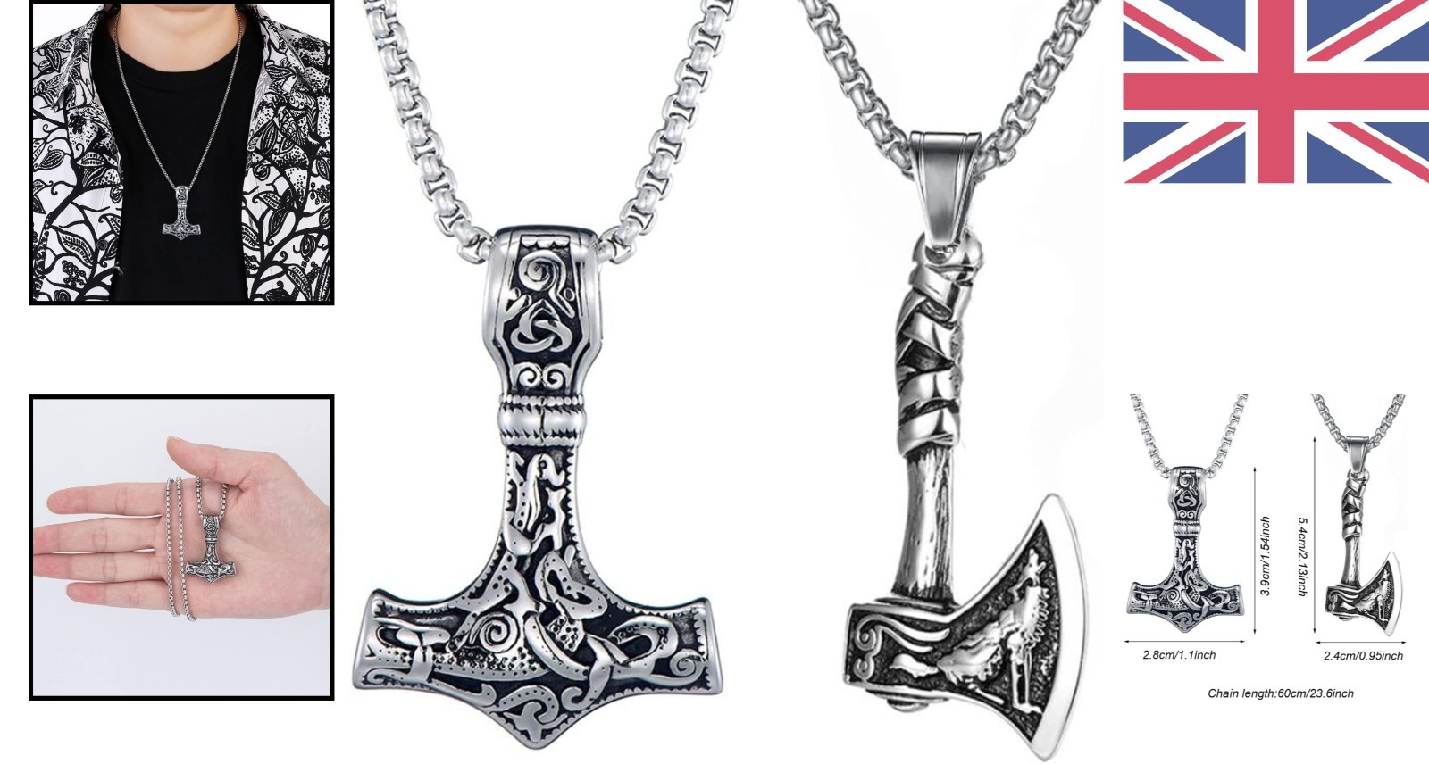 Durevoli collane martello e ascia di Thor in argento sterling - stile vichingo retrò foto 2