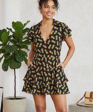 Alice + Olivia Shay Pineapple Print Ruffle Skort Romper Dress Black 10 Cupro