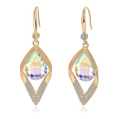 Austrian Crystal Teardrop Hollow Leaf Drop Dangle Earrings for Women 14K Ro - 02