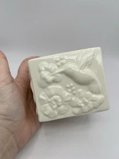 Ceramic Trinket Dish Candle Holder Planter 3D Hummingbird Flower Ivory Square