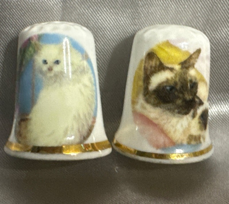 Fine bone china crown Victorian Staffordshire England Cat breed Set 2 Thimbles