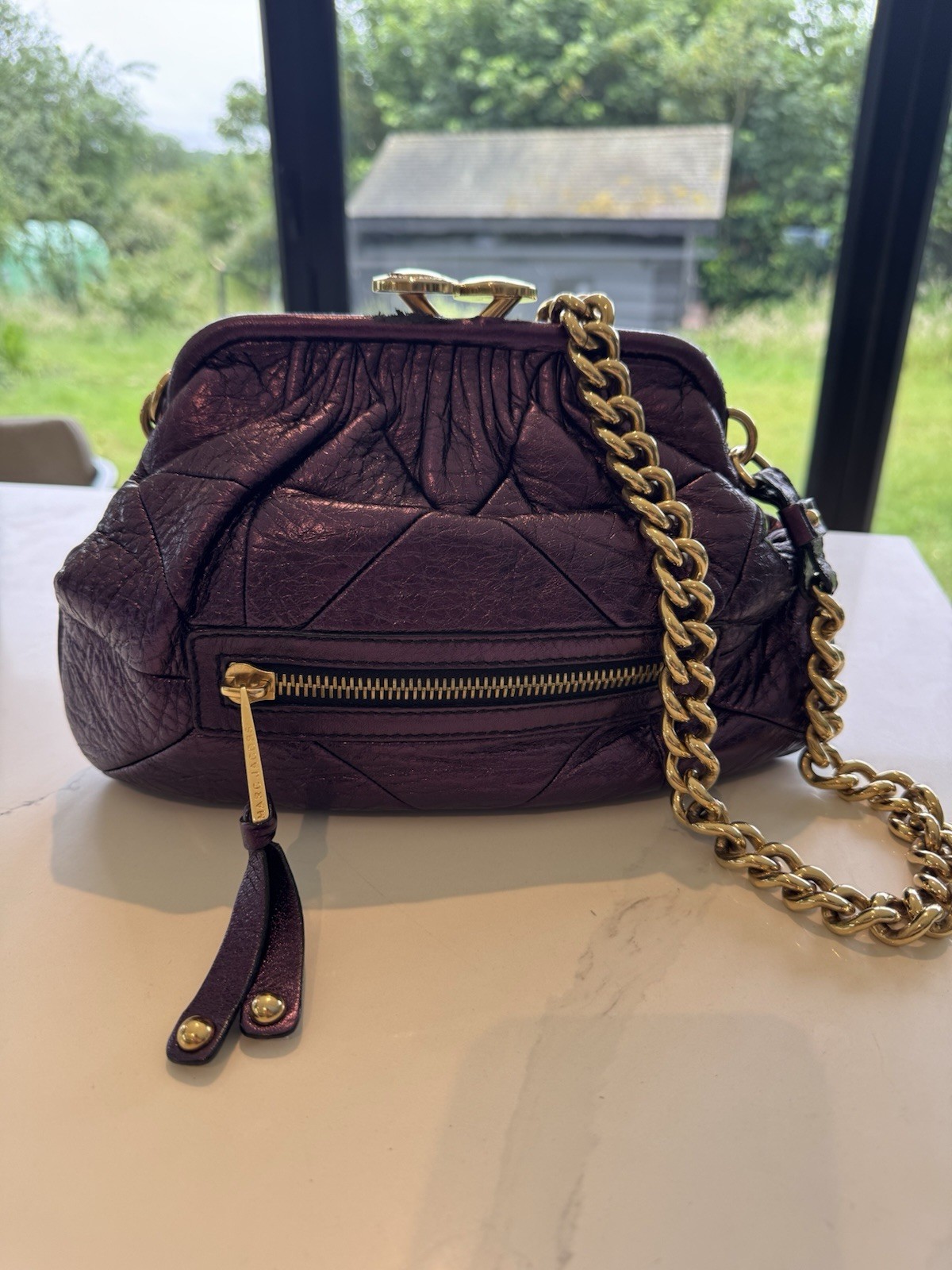 Marc Jacobs STAM Purple Leather Quilted Shoulder Bag Gold Chain Strap Zip