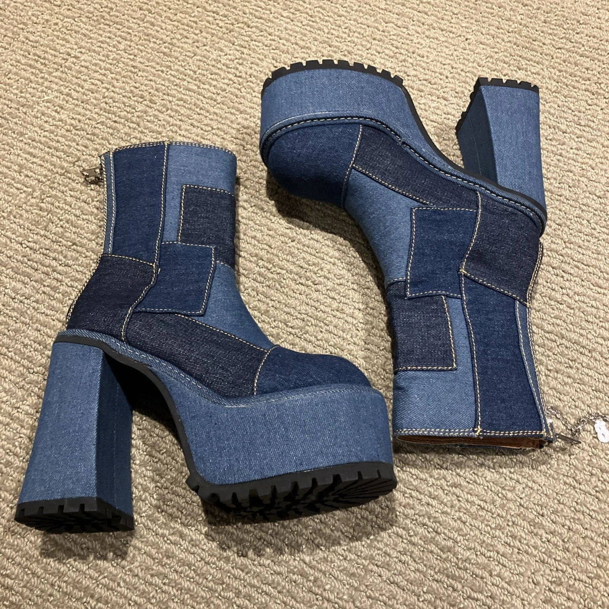 Dolls Kill Bratz platform denim patchwork boots sz 8