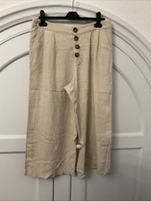 Peacocks Viscose Linen Mix Wide Leg Cropped Trousers/cullottes Beige 10 New