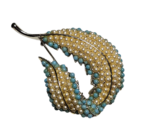 BSK Pearl and Turquoise Swirl Leaf Pin Brooch Faux Beads Signed Vintage 60s - Picture 7 of 8