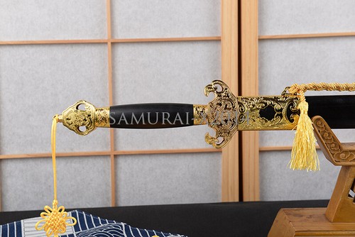 Alloy Gold Dragon Fittings Chinese Sword With Tassels Folded Steel Sharp Blade - Picture 9 of 12