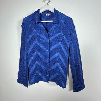 Flair Womens Blue Crinkle Textured Chevron Long Sleeve Button Up Blouse Large