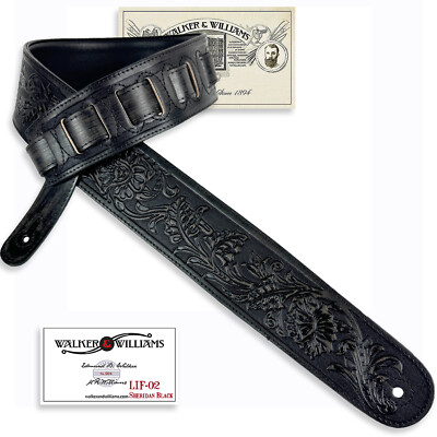 Walker & Williams LIF-02  Weathered'' Black Leather Padded Strap with Tooling