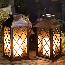 [2 Pack]  14" Solar Lantern Outdoor Garden Hanging Lantern Waterproof LED Flicke