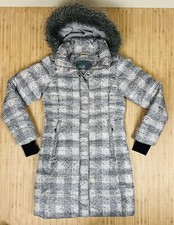Lole Womens Hooded Duck Down Full Zip Puffer Parka Jacket Gray Plaid Small 4-6