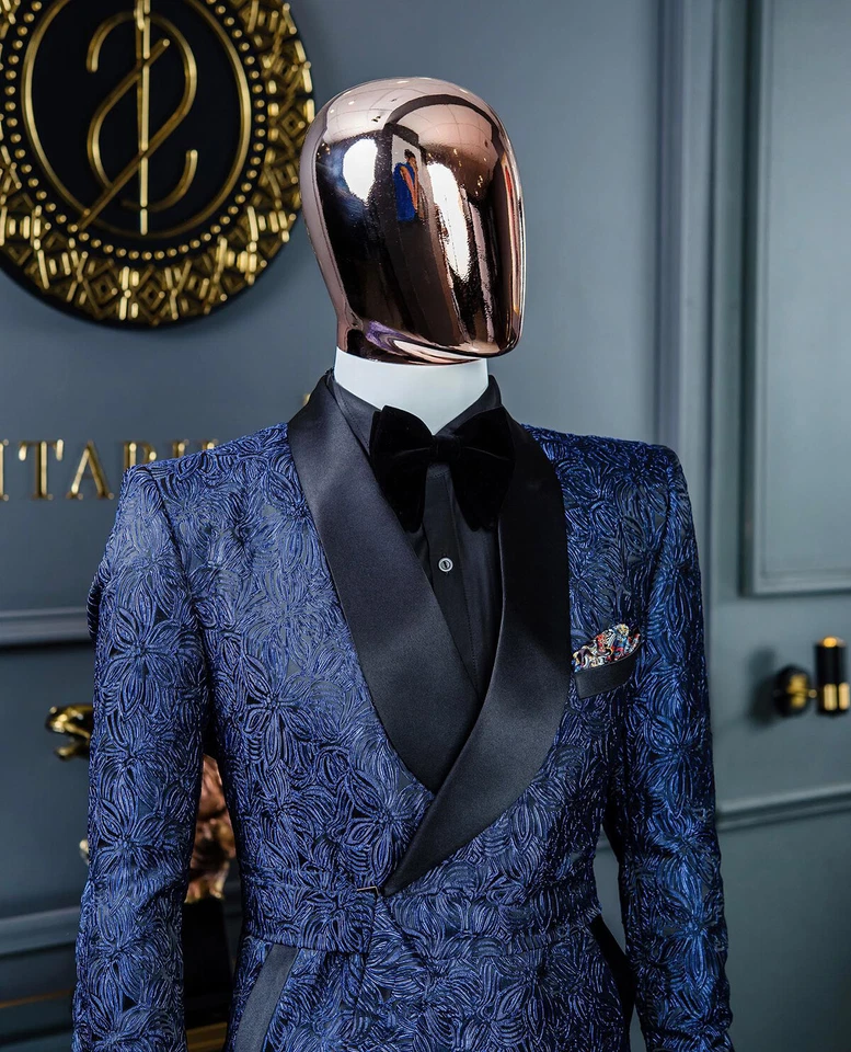 Мужская роскошь Royal синий жаккардовый костюм 2 изделия комплект бизнес банкета вечеринки куртка - Изображение 4 из 4