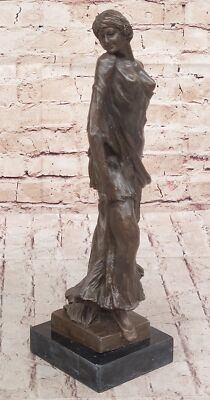 Smiling Coy Classical Female Figure Bronze Statue Sculpture on Marble Base