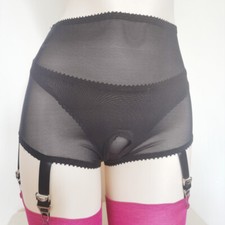 Women's Open Crotch 6 Straps Garter Belt Sheer Mesh Girdle with Metal Clips