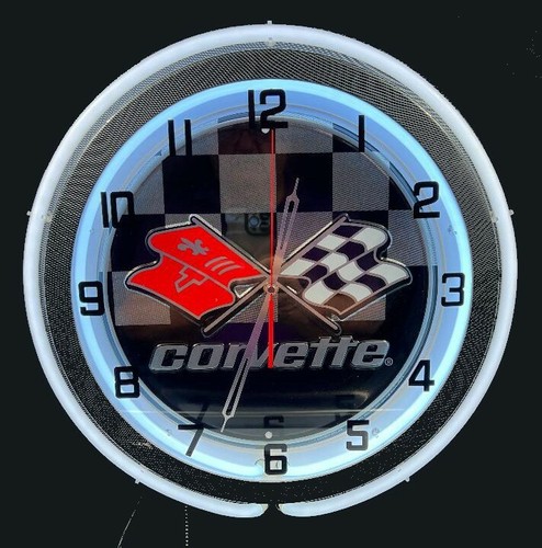 19" Corvette Flags Sign White Double Neon Carbon Fiber Like Finish Wall Clock