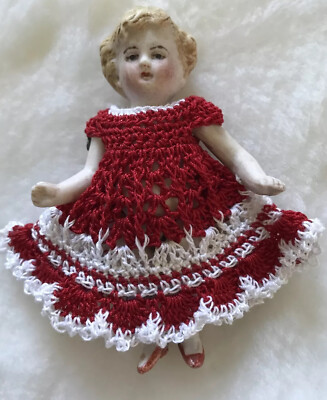 Crochet Dress for 3 1/2'' Dollhouse Antique All bisque Doll Kestner Red/white