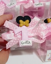 bomboniera compleanno Minnie  Numero Uno calamita  Nome Segnaposto Fiocco Dorato