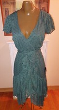 NWT LULUS Dress Beautiful Teal Green wrap sheer ruched Ruffled dress size S