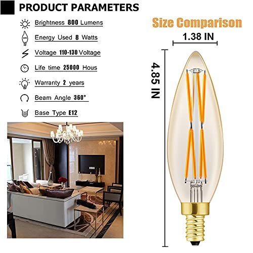 E12 Edison 8W LED Bulb,100 watt Equivalent Candelabra 2500k Amber Warm White - Picture 4 of 8