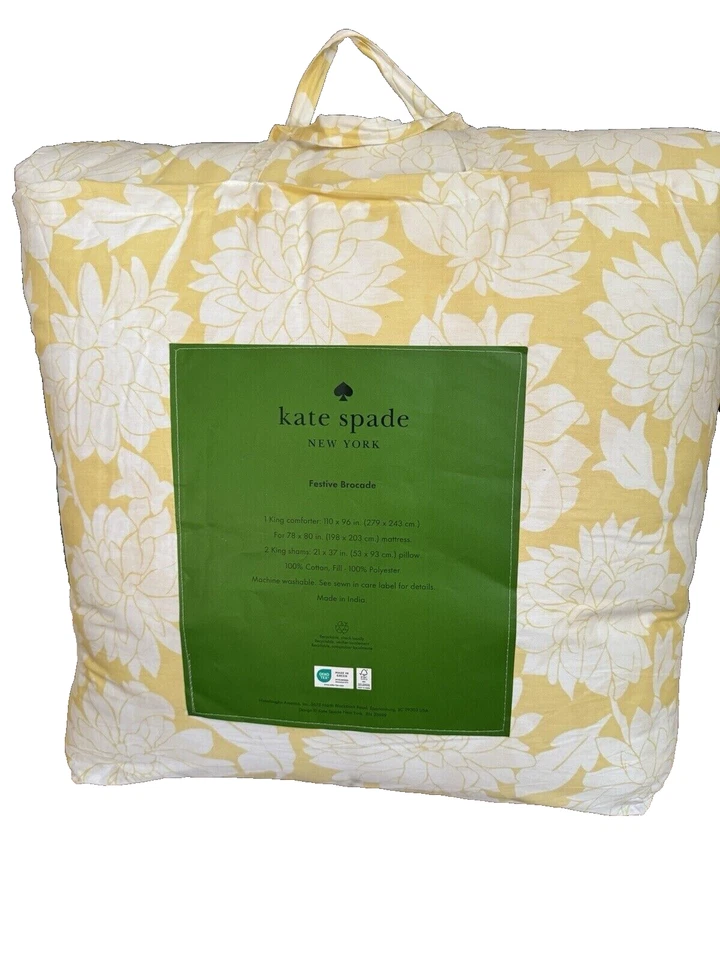 KATE SPADE Festive Brocade Yellow White Floral Cotton King 3pc Comforter Set NEW - Image 2 of 4