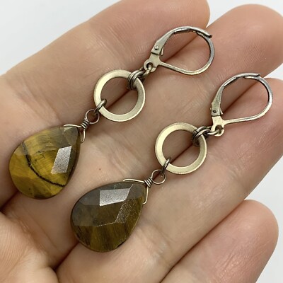 VTG FACETED TIGER EYE TEARDROP GOLD HOOP DANGLE LONG LEVERBACK EARRINGS
