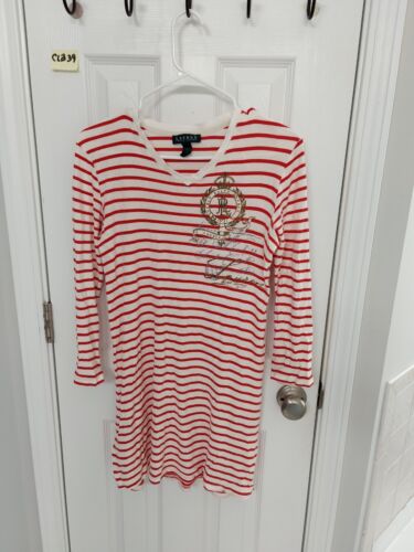 Lauren Ralph Lauren Women Striped Long Slv Tee Shirt 100% Cotton Sz Lg Red White