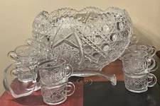 Punch Bowl Cups Ladle Set LE Smith Glass Daisy Button 12”d. Box 14 Pc