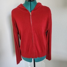 Worthington Cardigan Women XL Red Zip Up Hooded Ribbed Cotton Blend Sweater