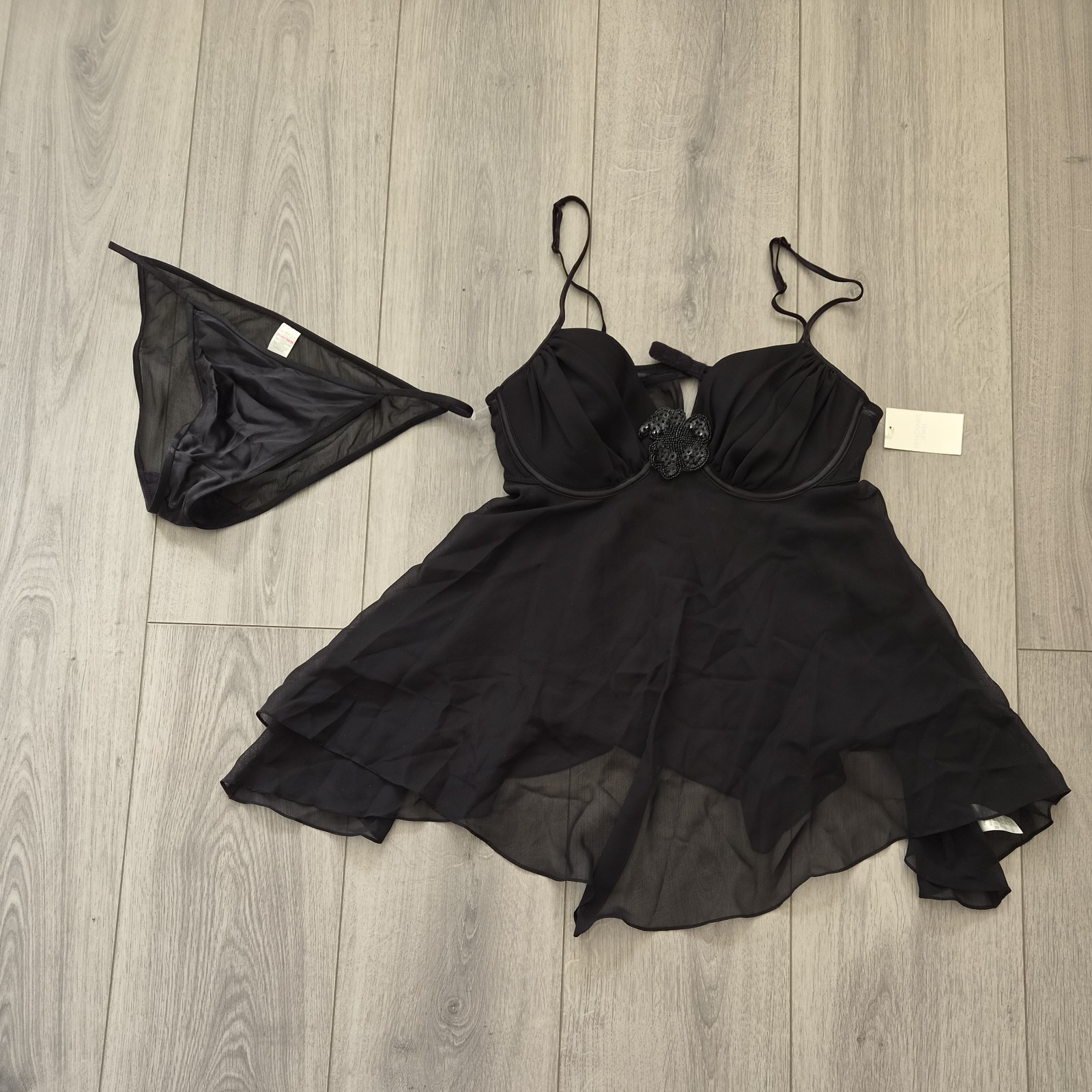 Nuevo con etiquetas Conjunto Babydoll Baratija de Malla Transparente y Cuentas de Satén Vintage La Senza Talla 10-12