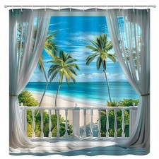 Tropical Beach Shower Curtain Blue Ocean Palm Tree Wooden Windows Balcony Sum...