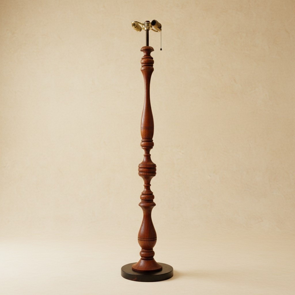 1970s Turned Wood Floor Lamp Dual Socket Pull Chain Spindle 51