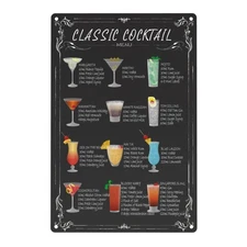 Classic Cocktail Menu Metal Tin Sign Bar Signs for Home Bar, Vintage Man Cave...