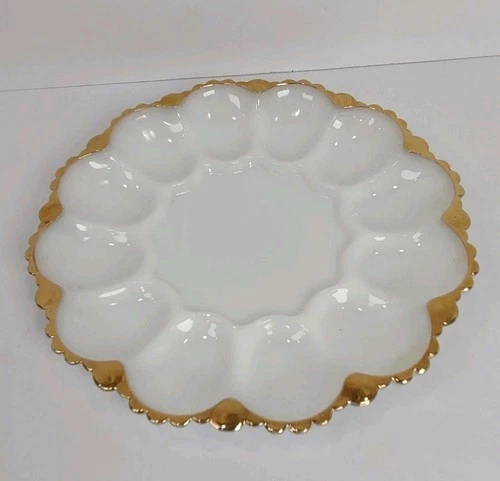 Vintage Milk Glass Anchor Hocking Fire King Deviled Egg Tray Easter Gold Gild